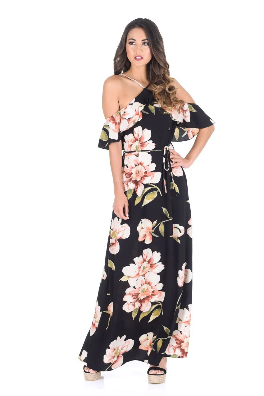 Black Strappy Floral Patterned Maxi Dress - Image 3