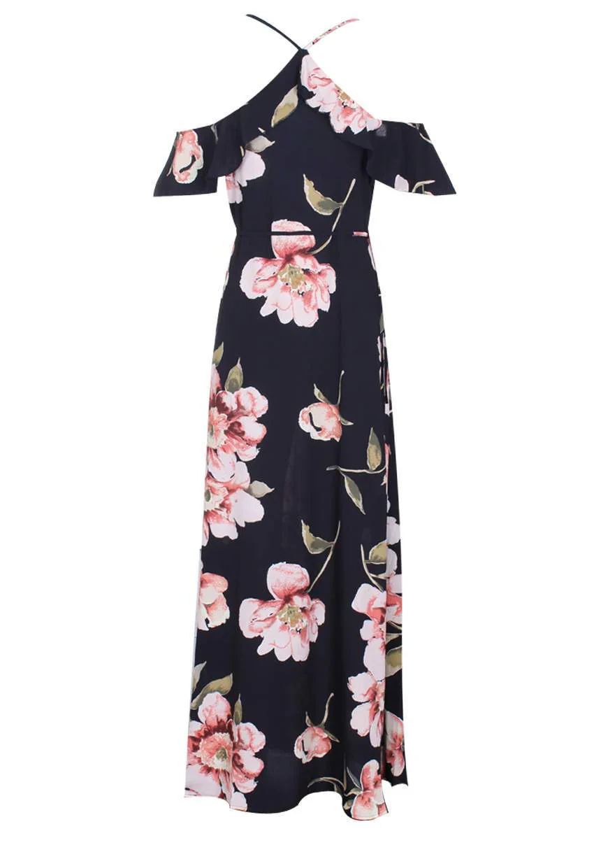 Black Strappy Floral Patterned Maxi Dress - Image 5