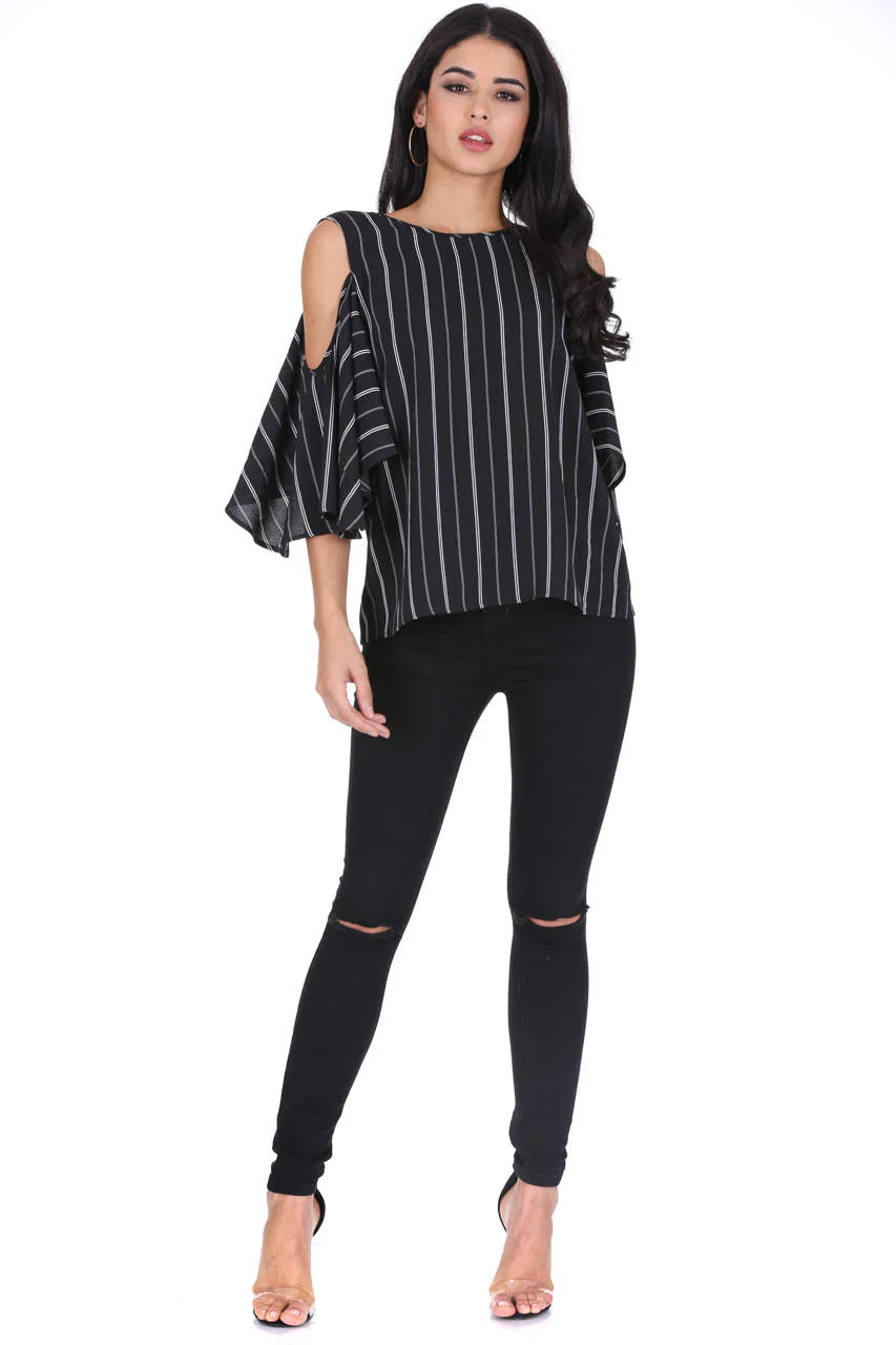 Black Striped Cut Out Shoulder Top - Image 2