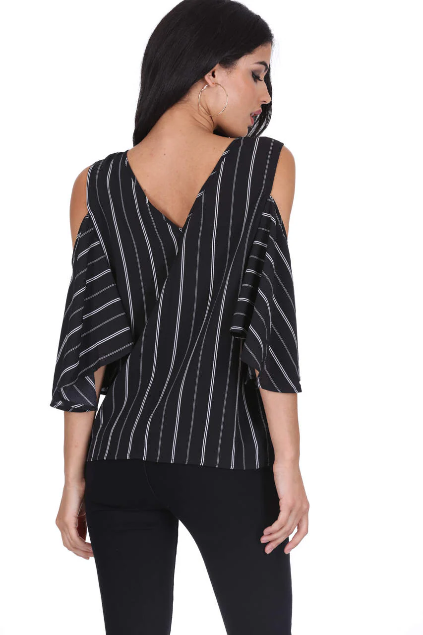 Black Striped Cut Out Shoulder Top - Image 3