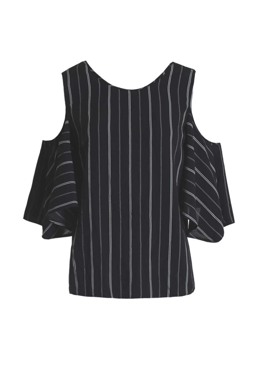 Black Striped Cut Out Shoulder Top - Image 4