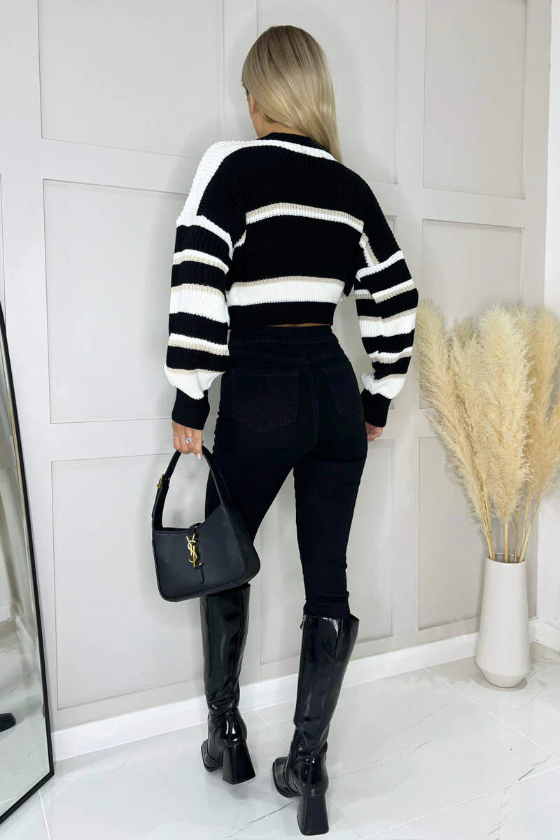Black Striped Long Sleeve Cropped Jumper - Image 4