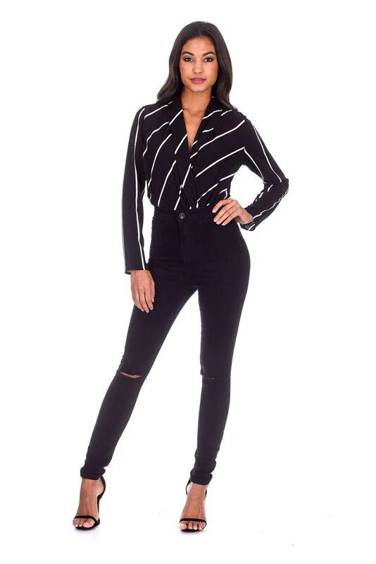 Black Striped Plunge Bodysuit - Image 2