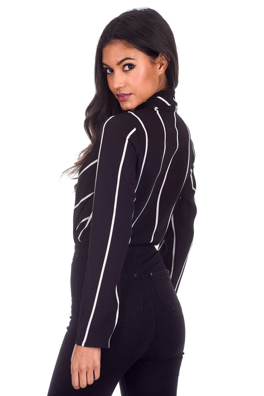 Black Striped Plunge Bodysuit - Image 3