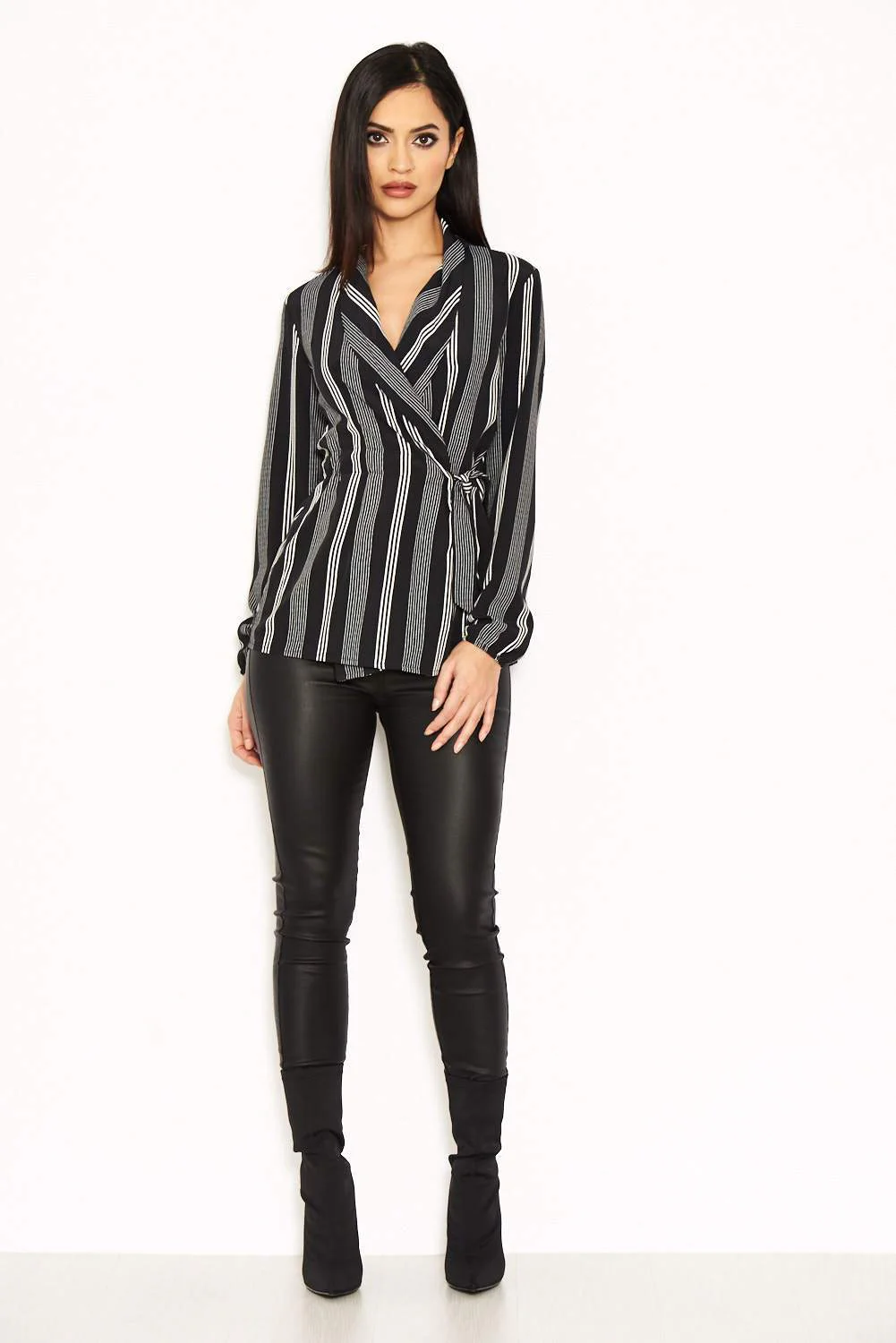 Black Striped Tie Waist Wrap Top - Image 2