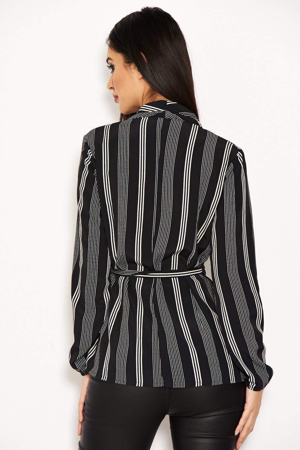 Black Striped Tie Waist Wrap Top - Image 3