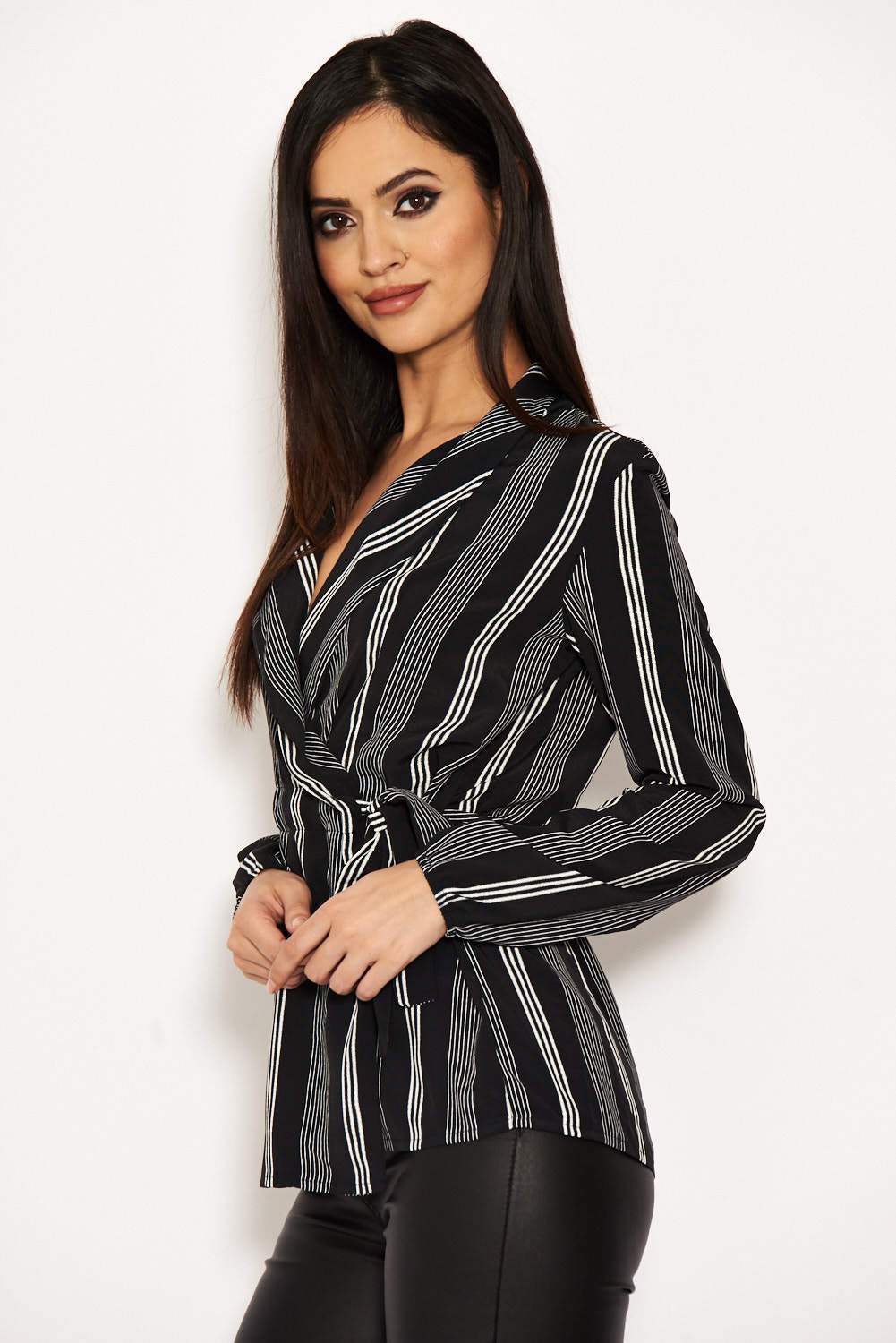Black Striped Tie Waist Wrap Top - Image 4