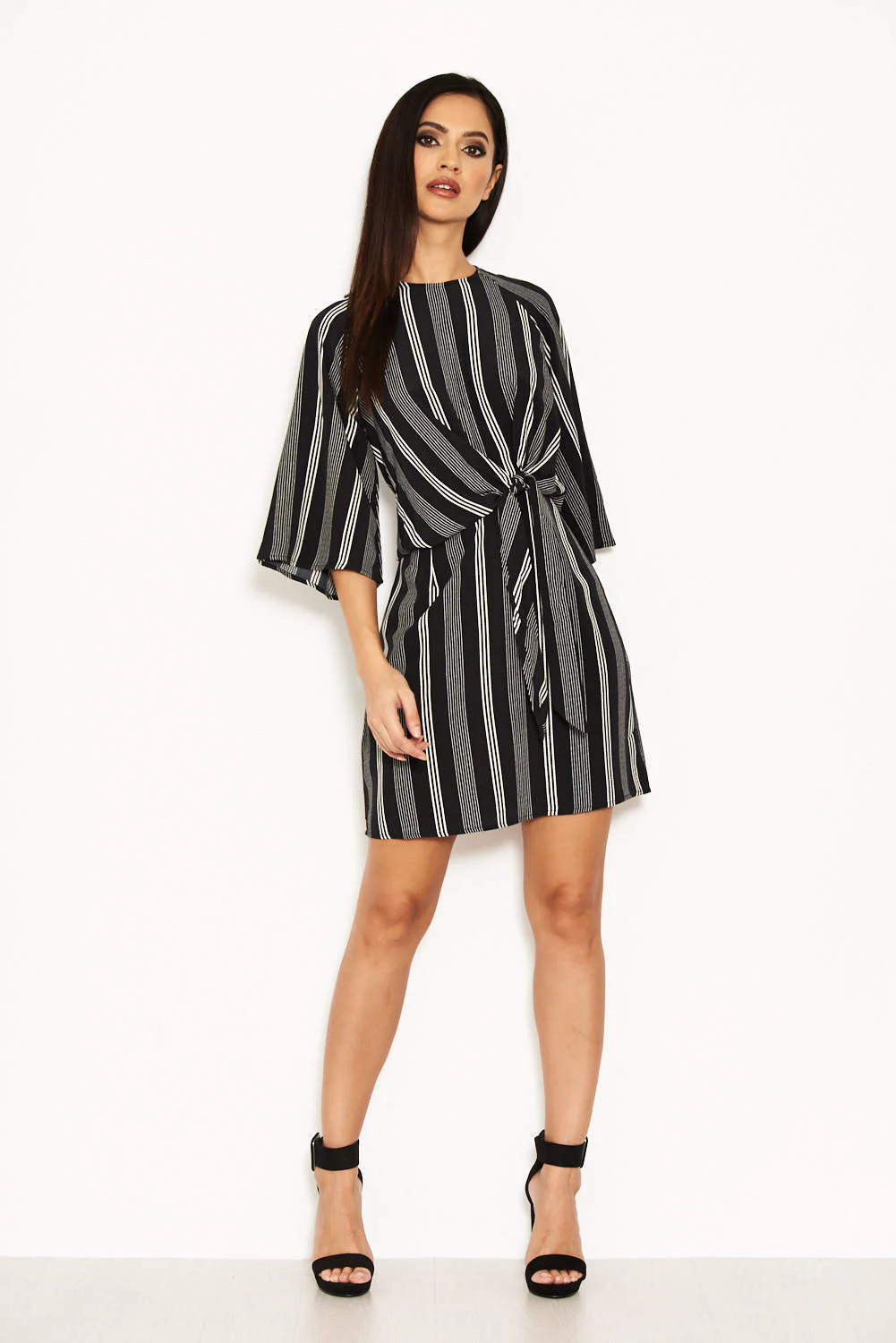 Black Striped Wrap Mini Dress With Tie Front - Image 2