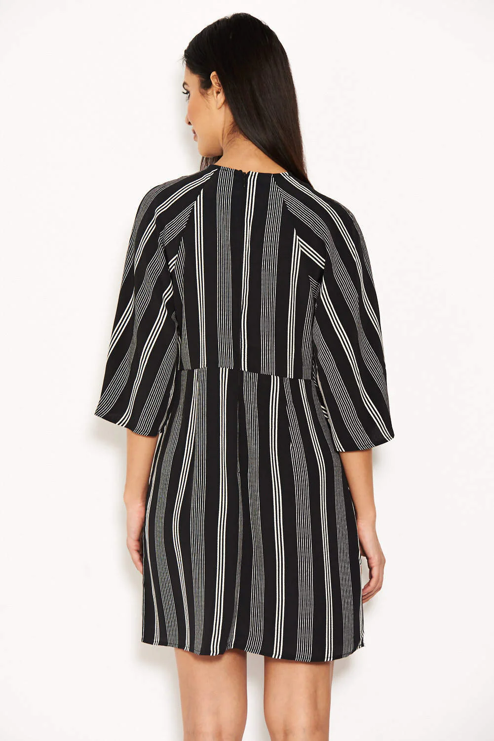 Black Striped Wrap Mini Dress With Tie Front - Image 3