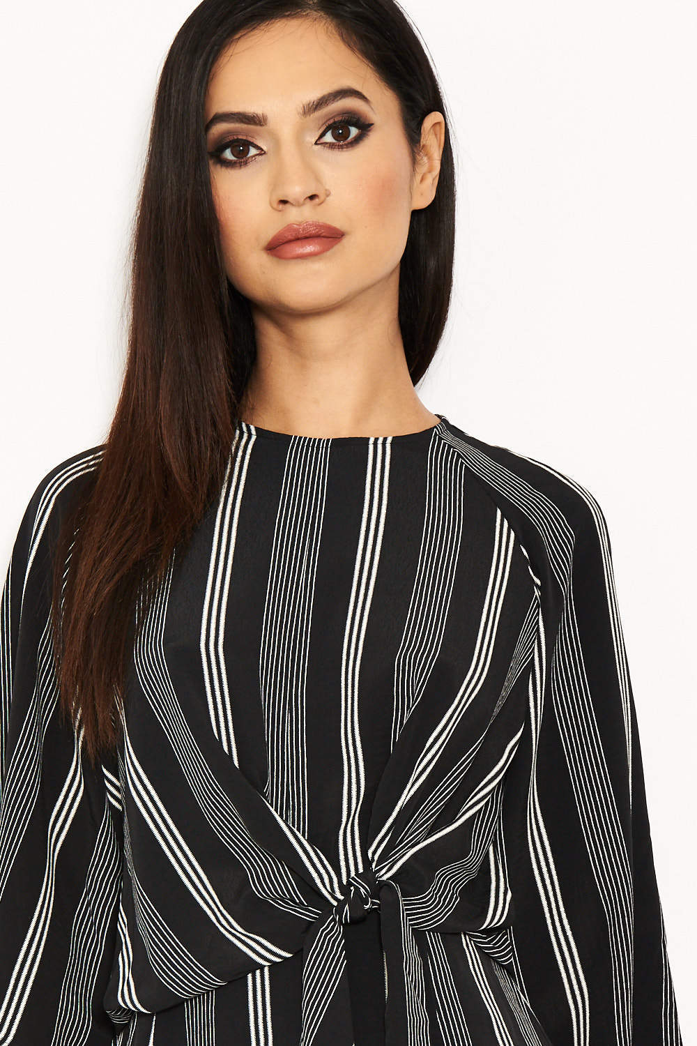 Black Striped Wrap Mini Dress With Tie Front - Image 4