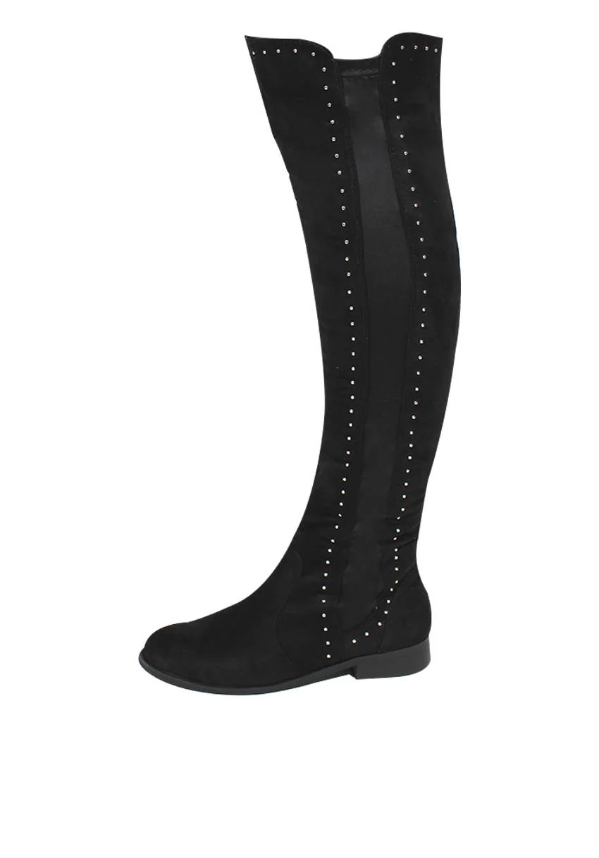 Black Suede Knee High Studded Boots - Image 2