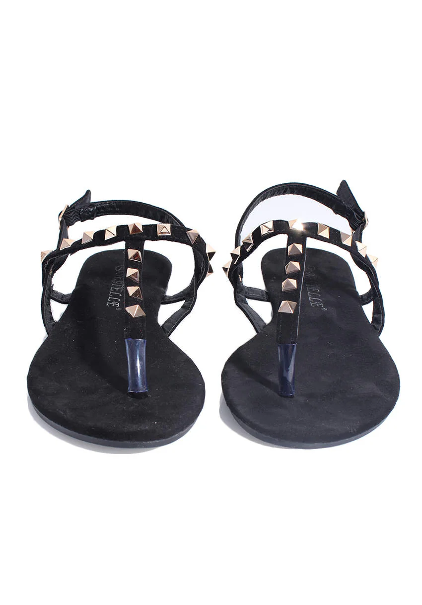 Black T-bar Sandals With Gold Studs - Image 2