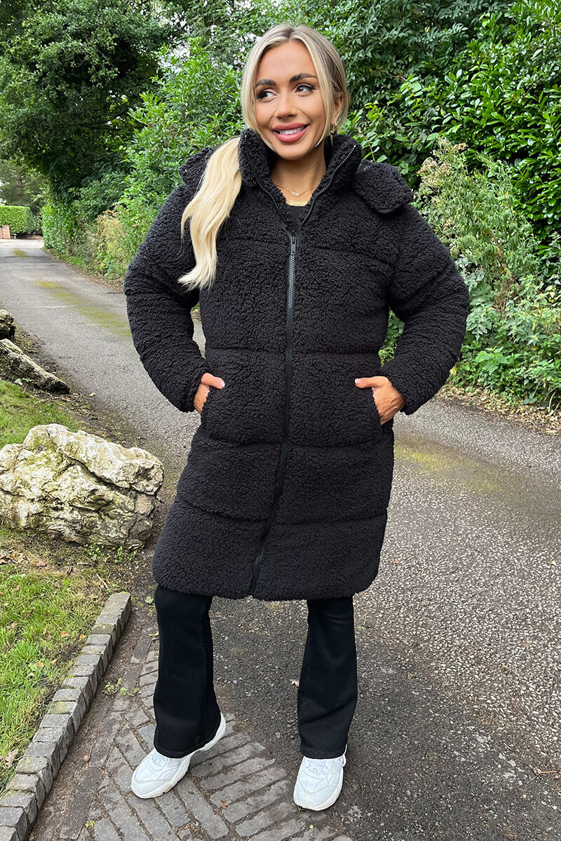 Black Teddy Panelled Long Coat - Image 2