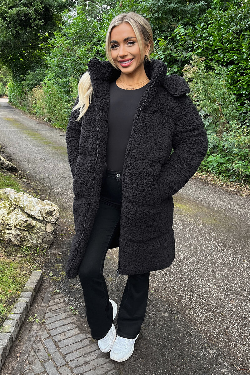 Black Teddy Panelled Long Coat - Image 3