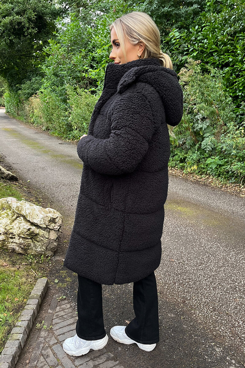 Black Teddy Panelled Long Coat - Image 4
