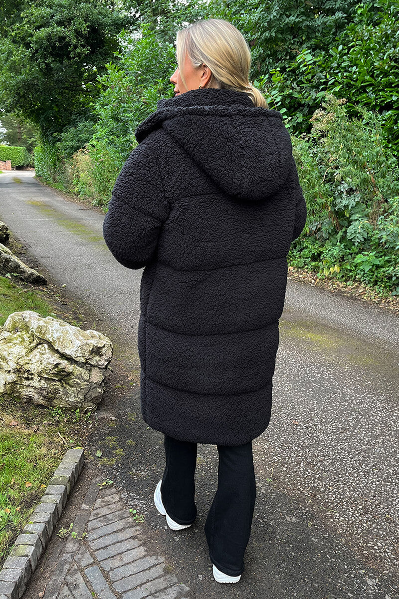 Black Teddy Panelled Long Coat - Image 5