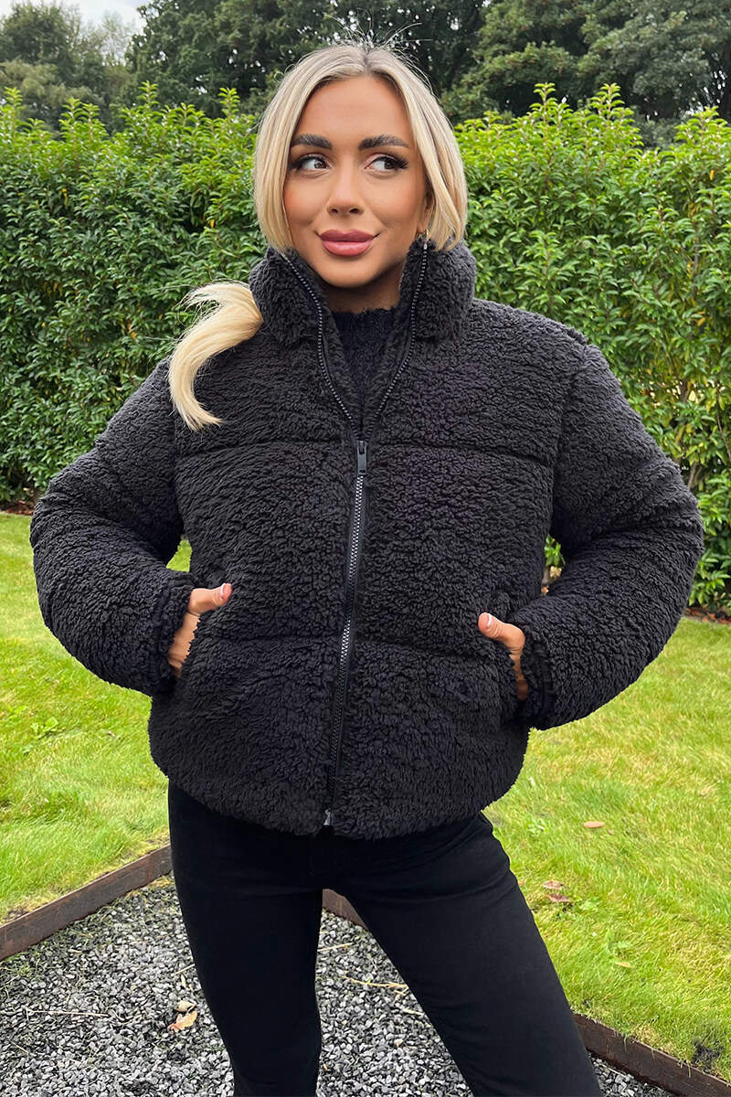 Black Teddy Panelled Short Coat - Image 2