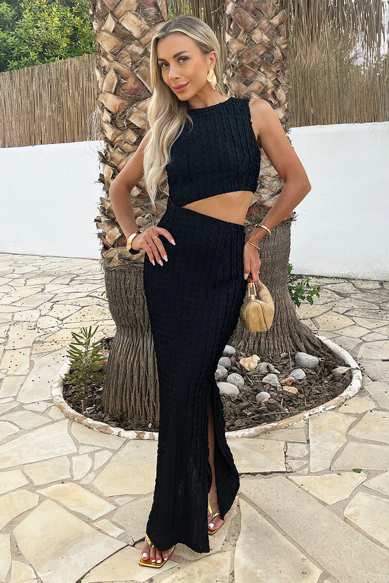 Black Textured Side Waist Cut Out Midi Dress - Image 2