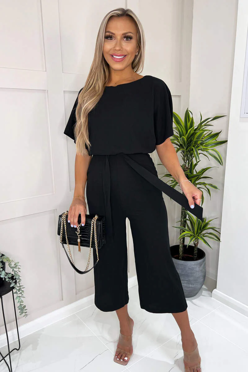 Black Tie Waist Short Sleeve Culotte Jumpsuit - Image 3