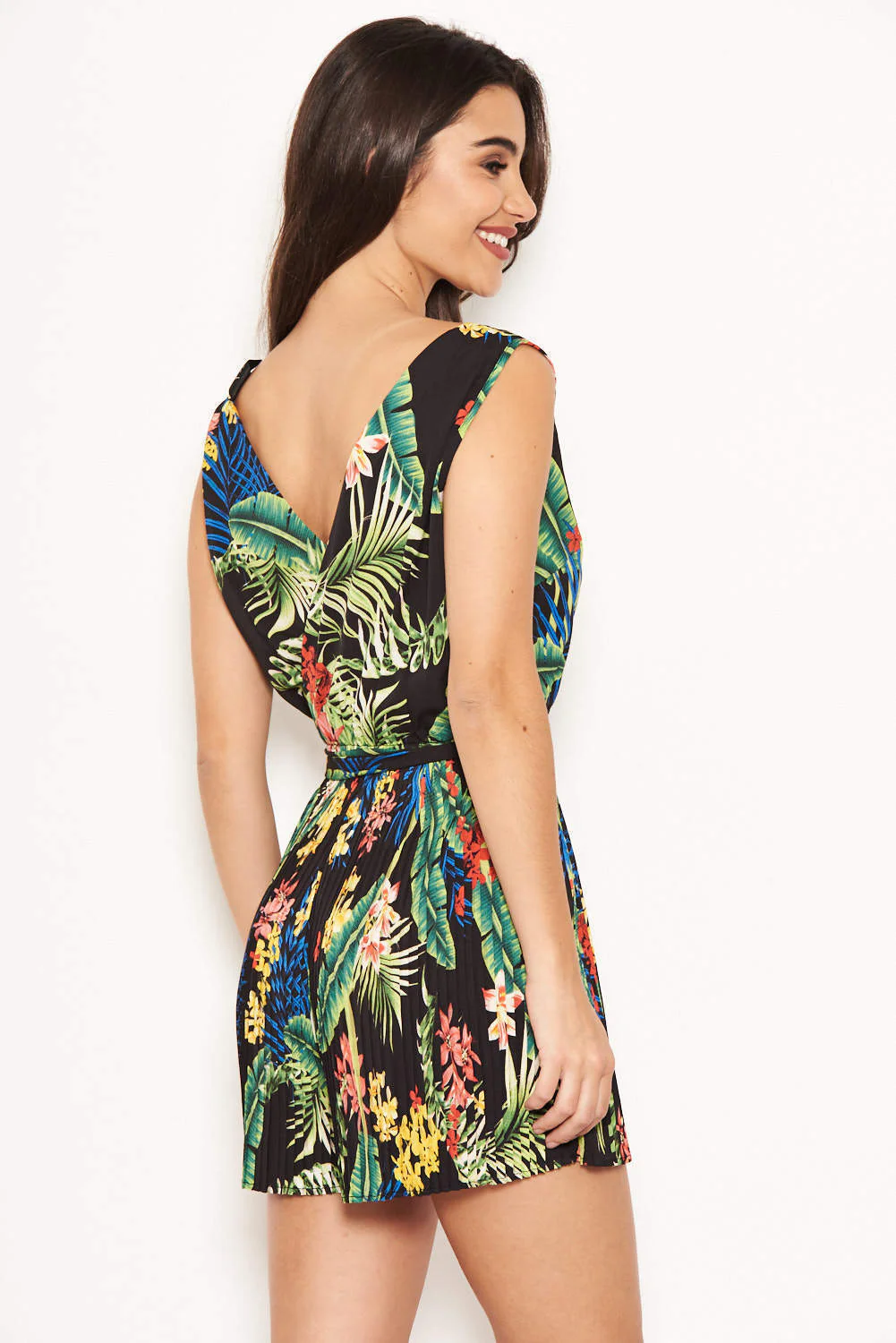 Black Tropical Print Pleated Playsuit - Image 4
