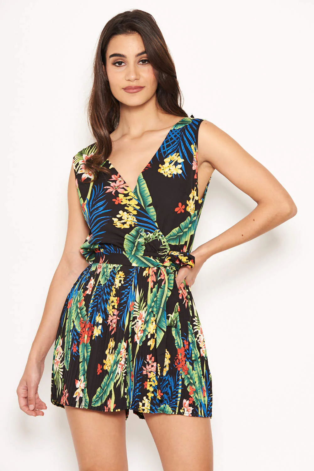 Black Tropical Print Pleated Playsuit - Image 5