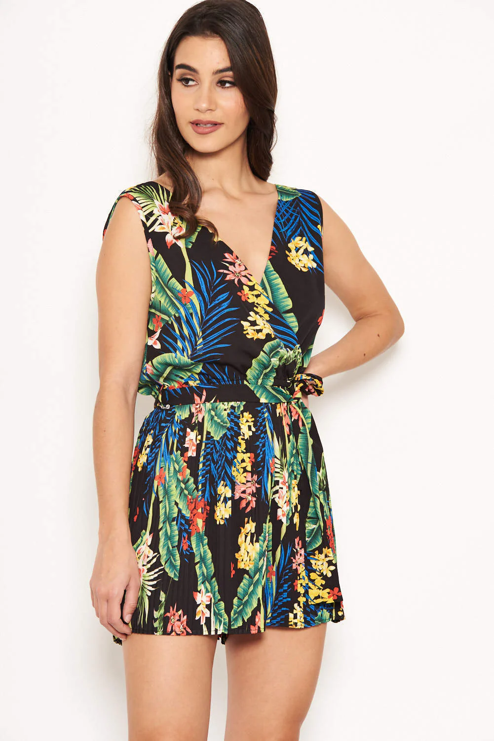 Black Tropical Print Pleated Playsuit - Image 7