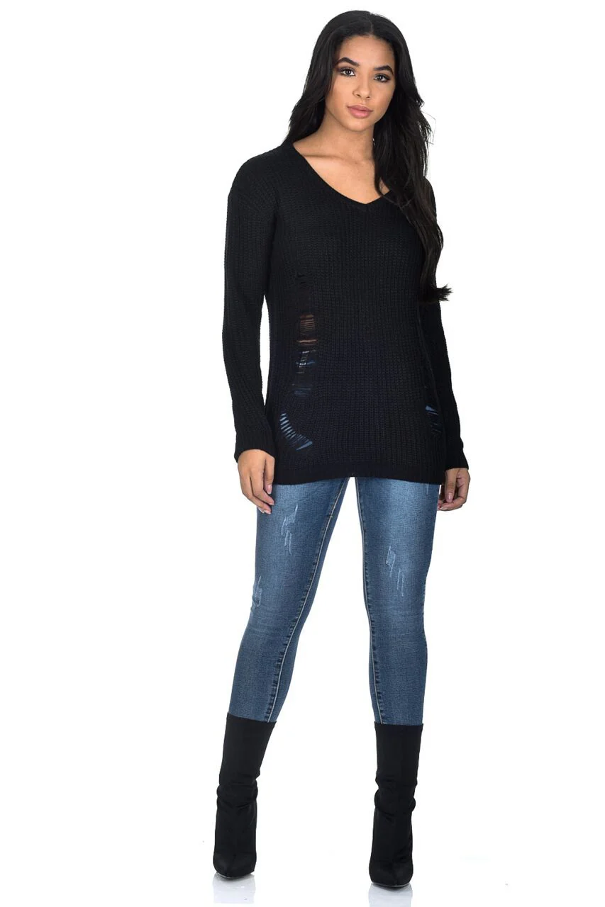 Black V Neck Cable Knit Laddered Jumper - Image 2