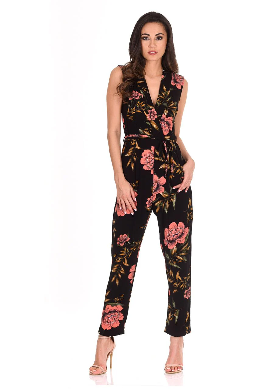Black V-Neck Floral Print Jumpsuit - Image 2