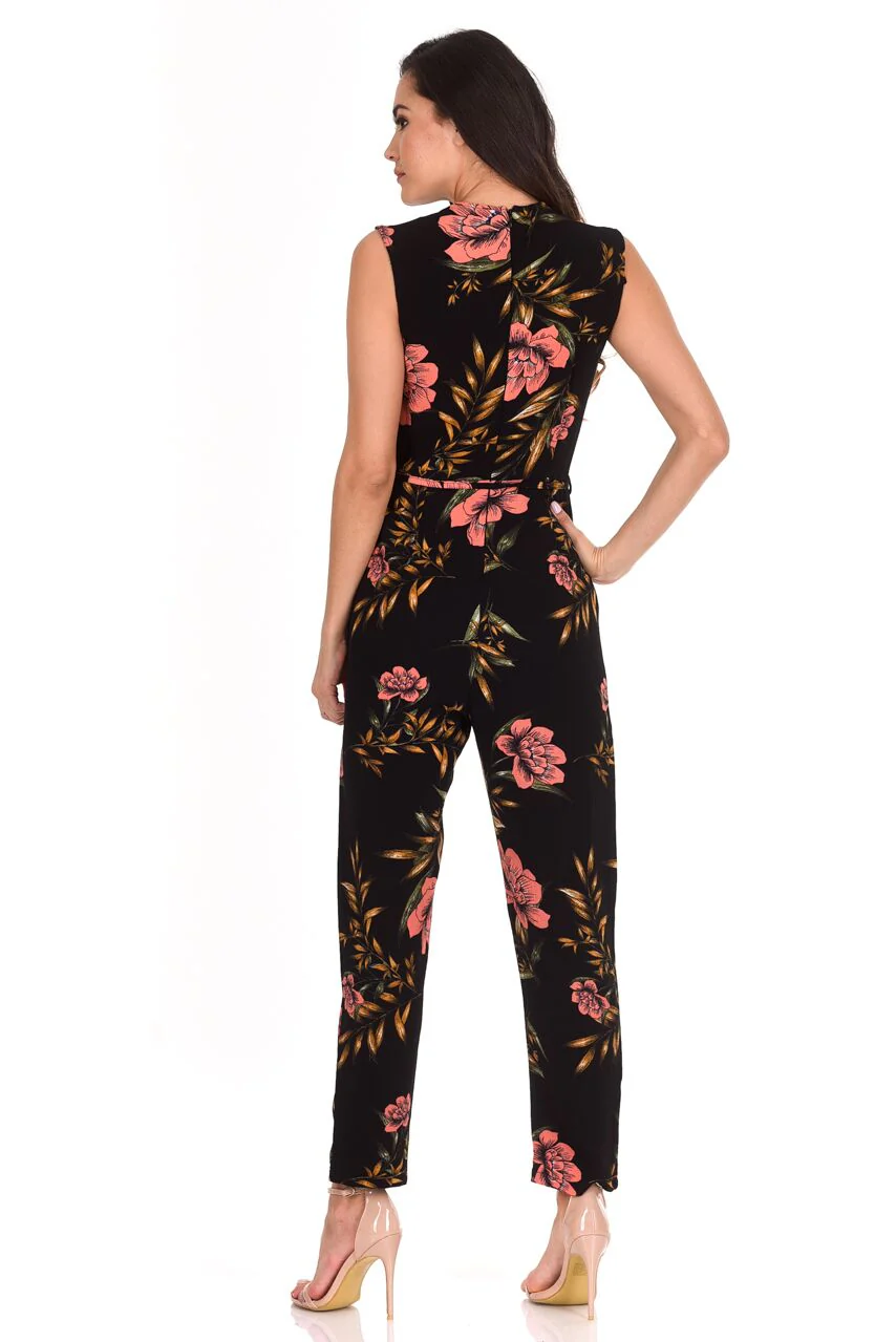 Black V-Neck Floral Print Jumpsuit - Image 3