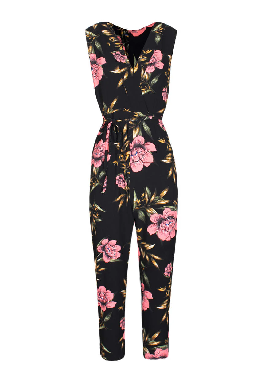 Black V-Neck Floral Print Jumpsuit - Image 4