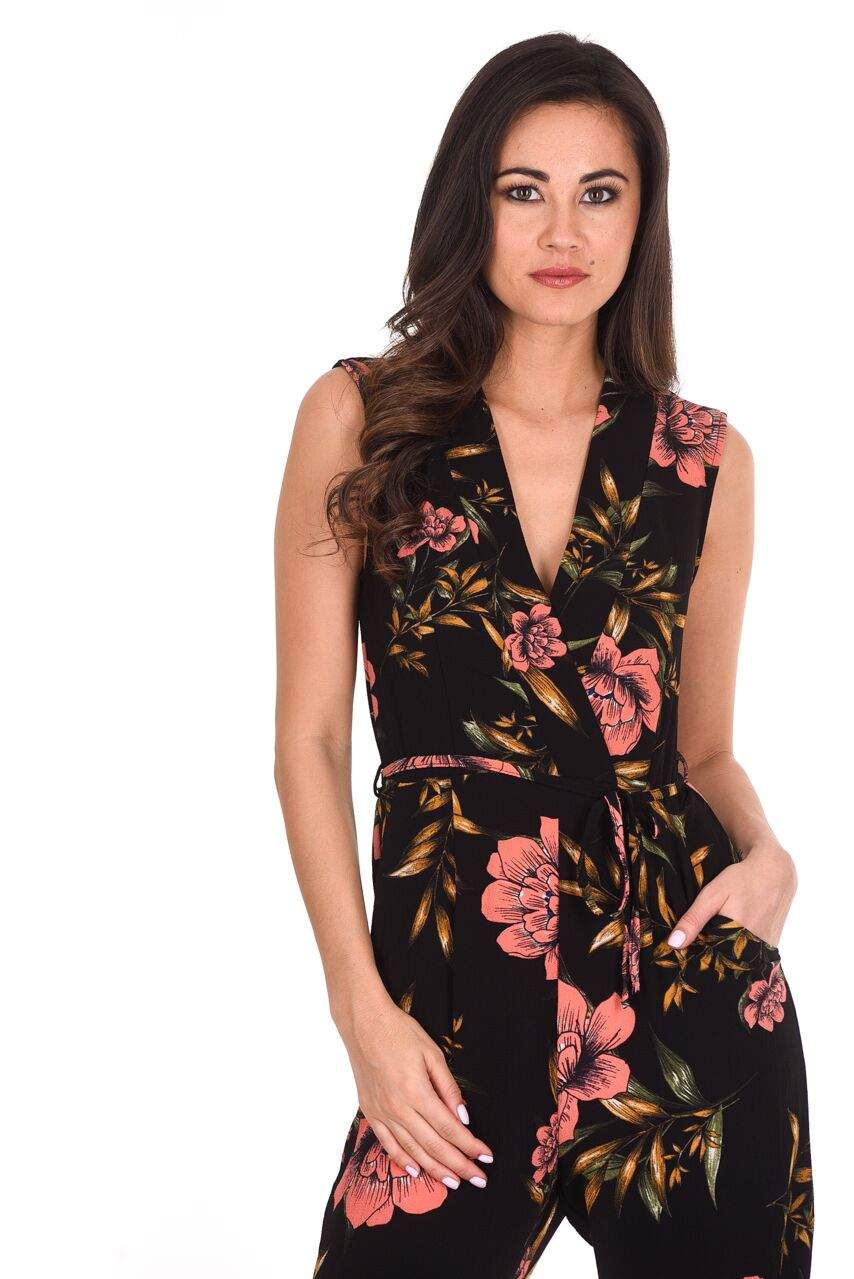 Black V-Neck Floral Print Jumpsuit - Image 5