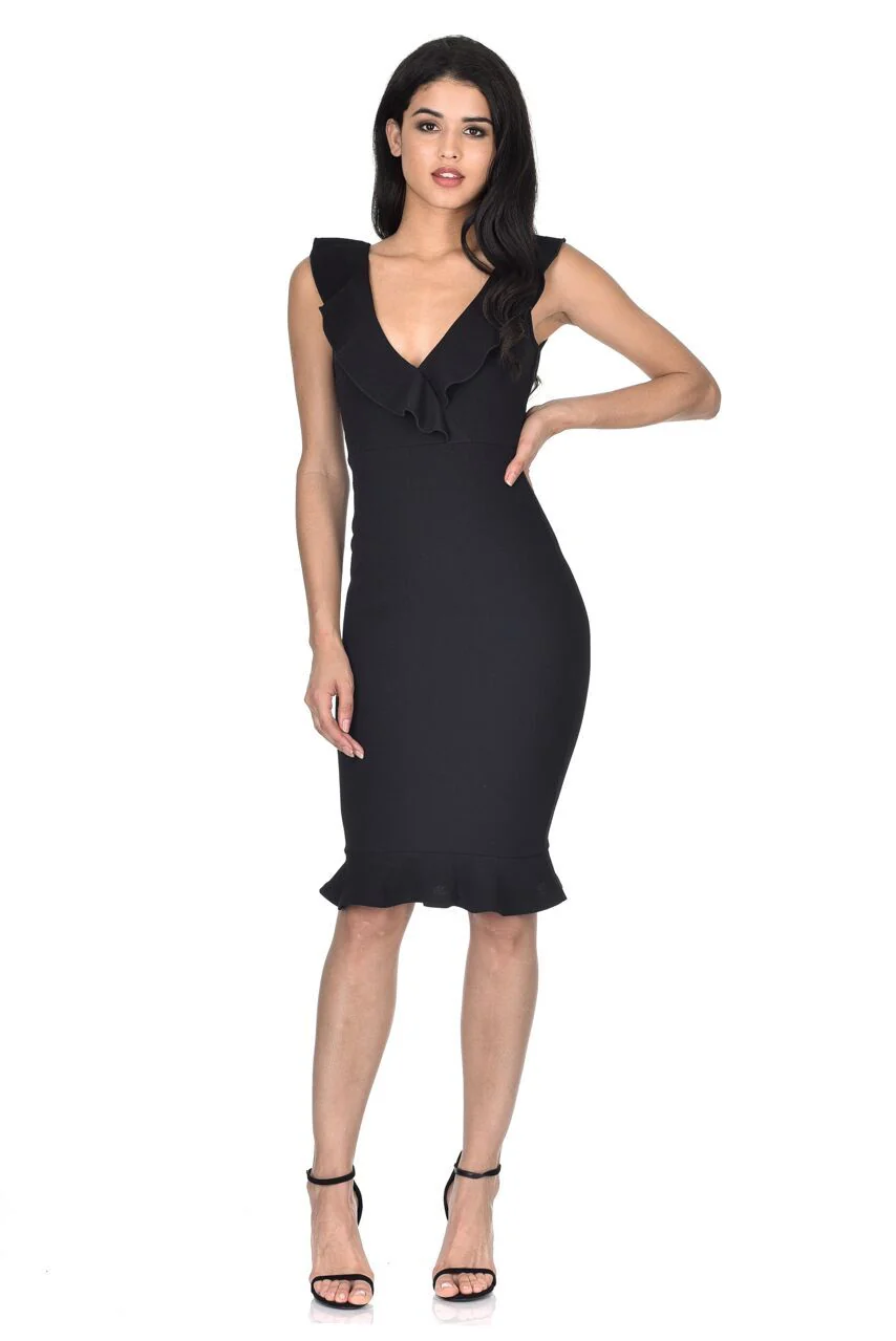 Black V Neck Frill Detail Bodycon Dress - Image 2