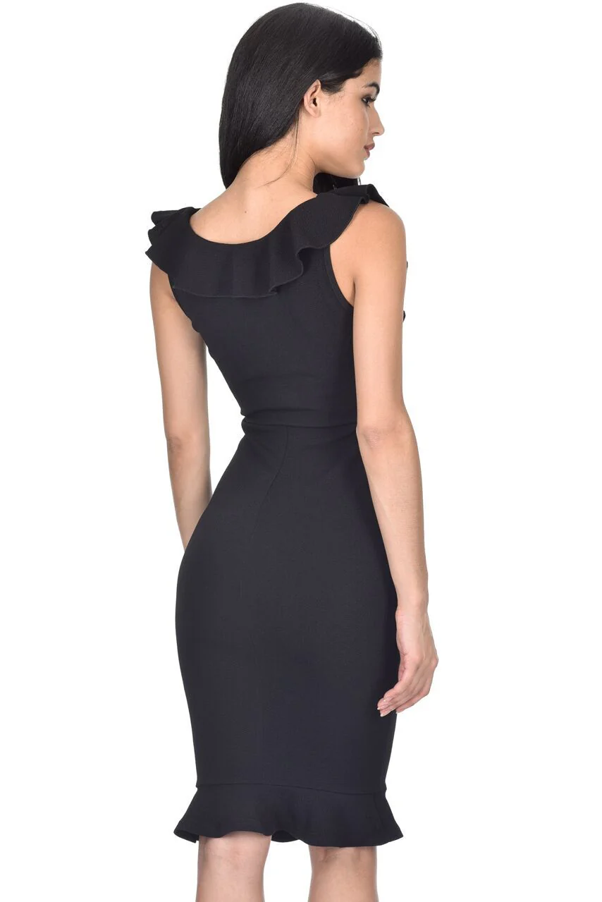 Black V Neck Frill Detail Bodycon Dress - Image 3
