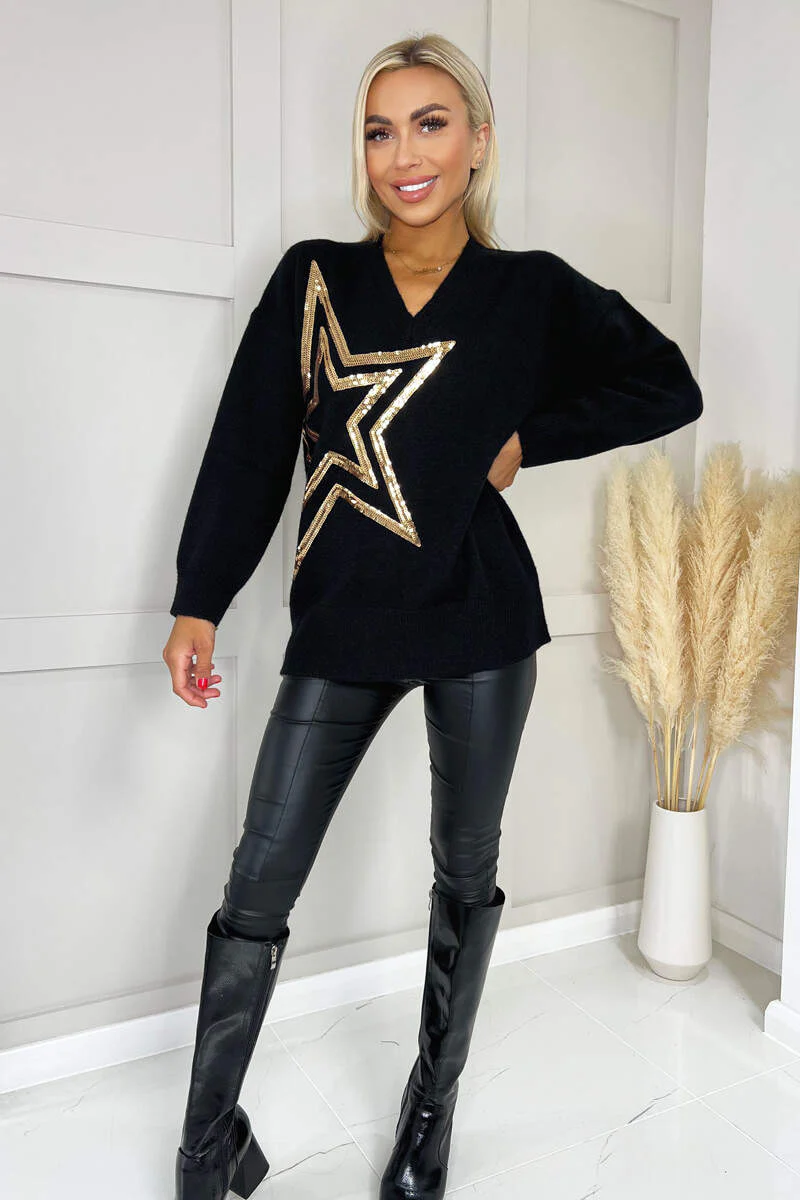 Black V-Neck Gold Sequin Star Knit Jumper - Image 3