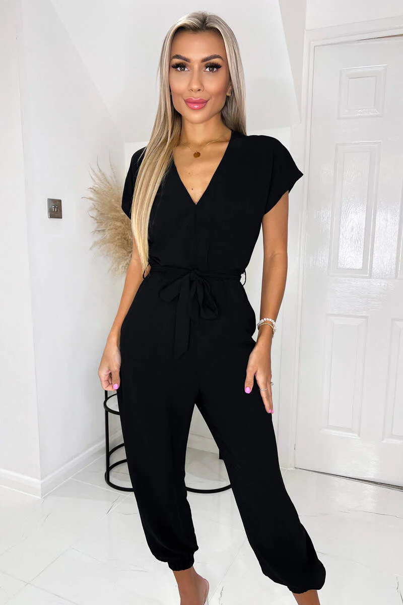 Black V Neck Short Sleeve Belted Elasticated Cuff Jumpsuit - Image 2