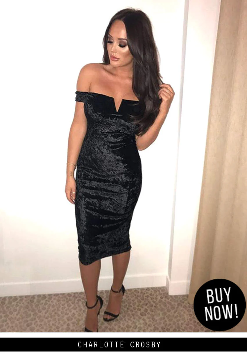 Black Velvet Off The Shoulder Bardot Dress