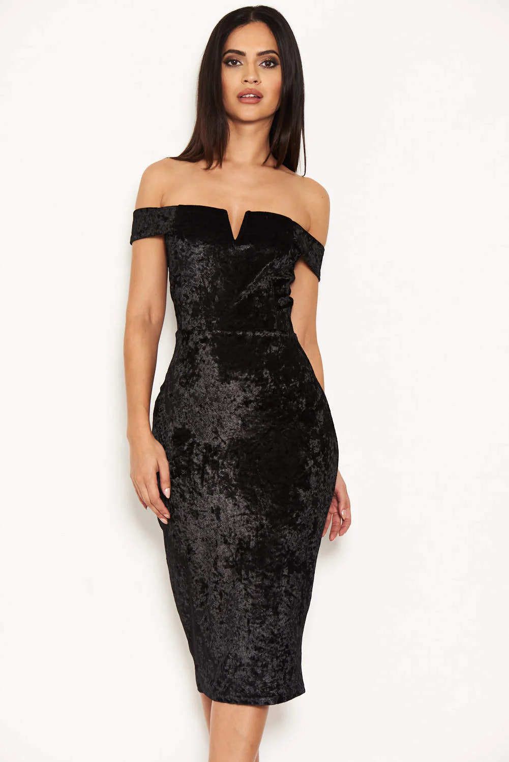 Black Velvet Off The Shoulder Bardot Dress - Image 2