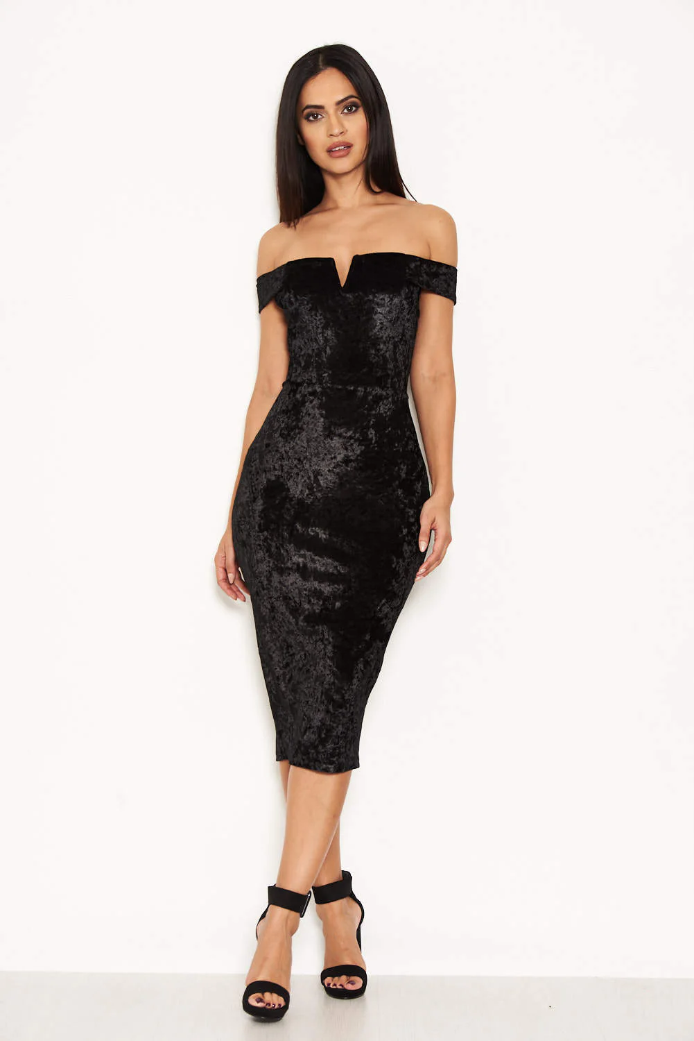Black Velvet Off The Shoulder Bardot Dress - Image 3