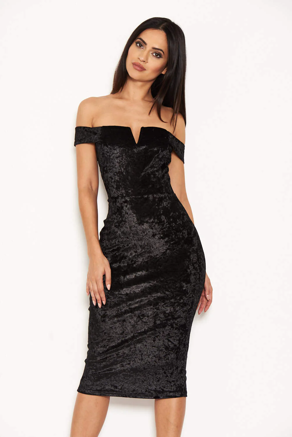 Black Velvet Off The Shoulder Bardot Dress - Image 5