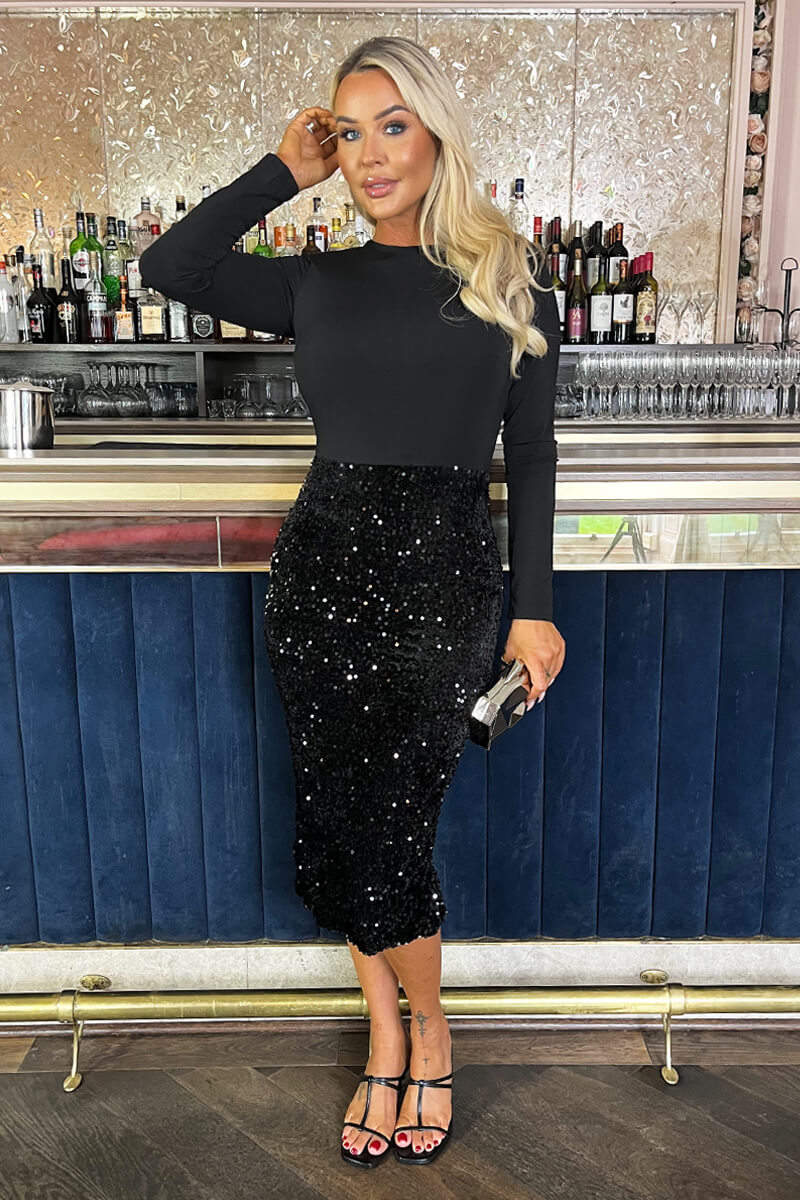 Black Velvet Sequin 2 in 1 Long Sleeve Midi Dress - Image 2