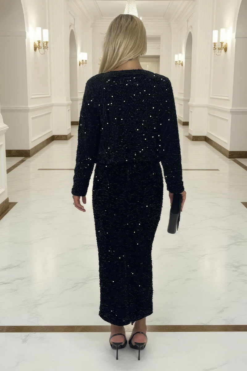 Black Velvet Sequin Open Front Jacket - Image 5