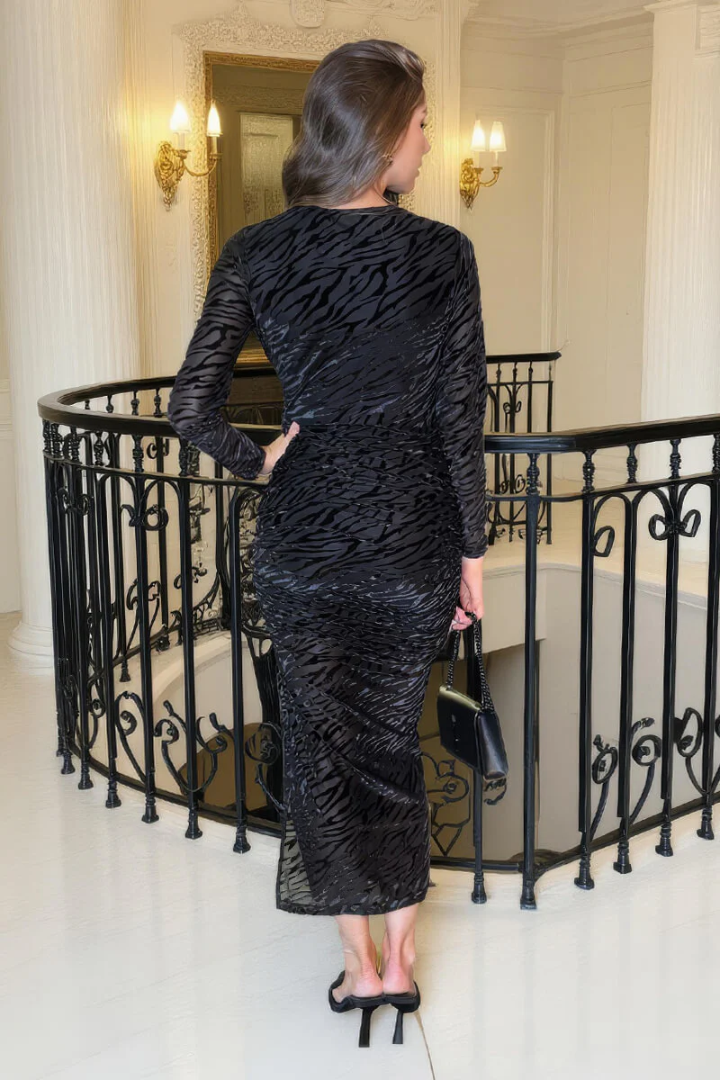 Black Velvet Zebra Striped Overlay Long Sleeve Midi Dress - Image 4