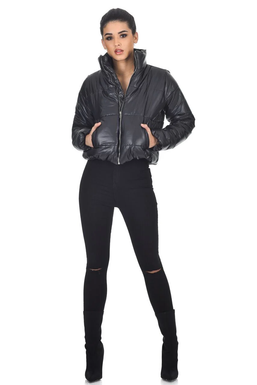 Black Wet Look Puffer Jacket - Image 2