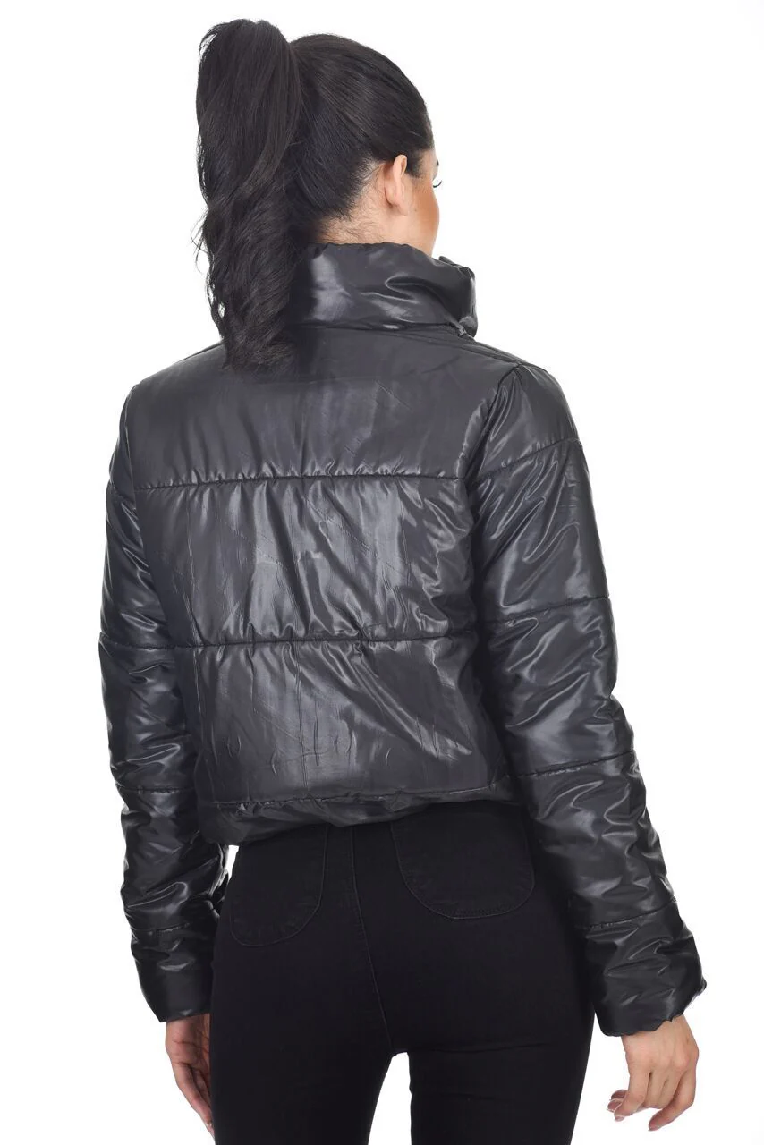 Black Wet Look Puffer Jacket - Image 3