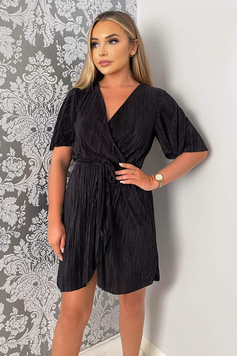 Black Wrap Top Belted Short Sleeve Plisse Mini Dress - Image 3
