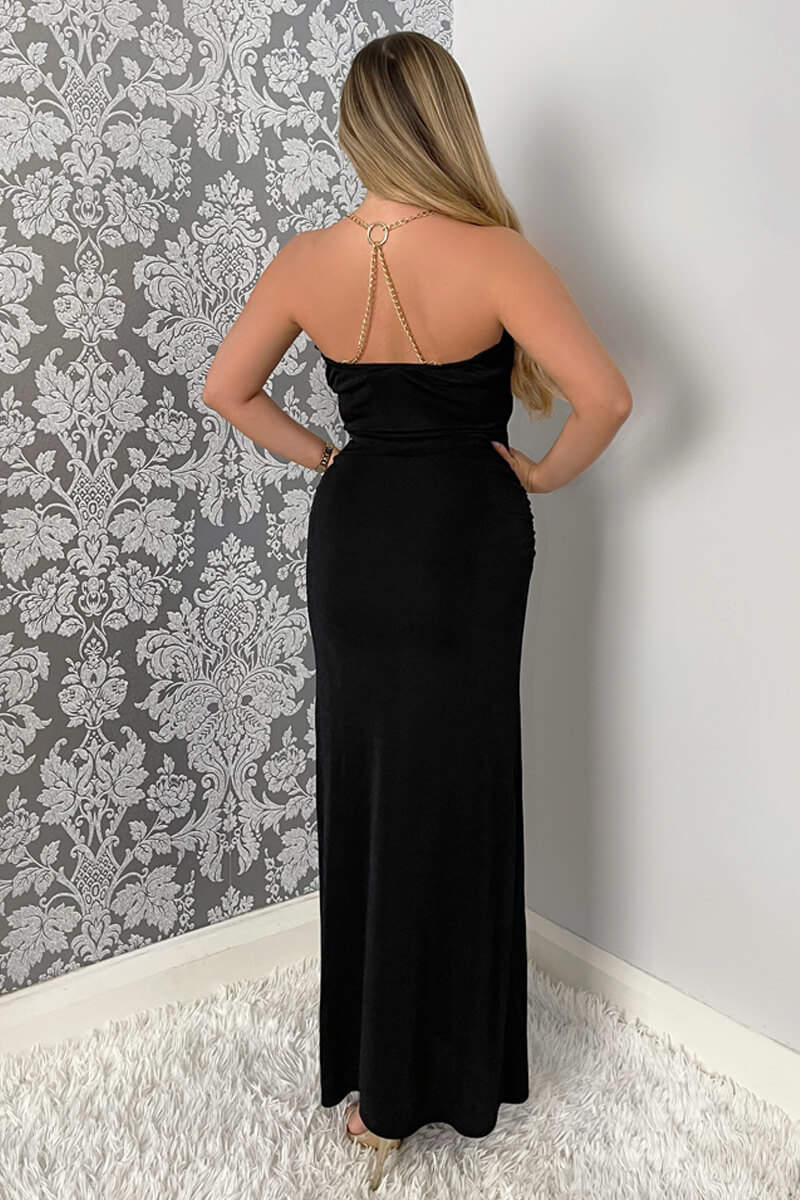 Black Wrap Top Ruched Side Chain Strap Midi Dress - Image 4