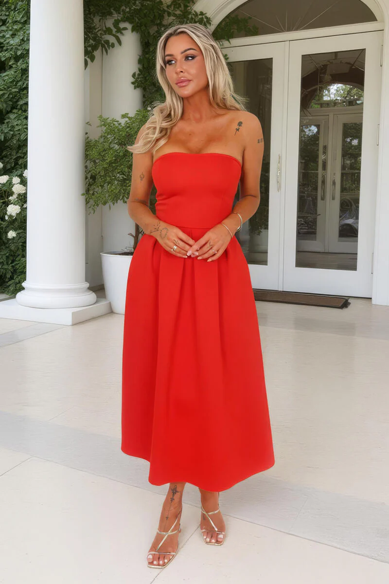 Blood Orange Bandeau A-Line Skirt Midi Dress - Image 3