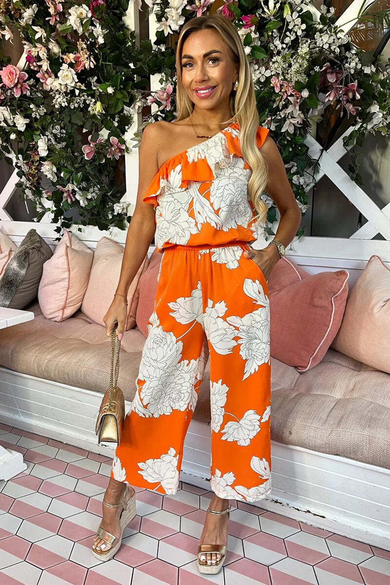 Blood Orange Floral Print One Shoulder Jumpsuit - Image 2