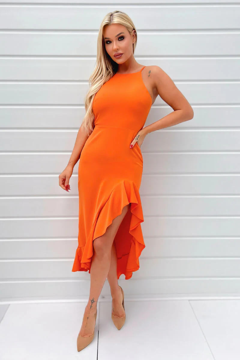 Blood Orange Racer Neck High Low Frill Hem Midi Dress - Image 3