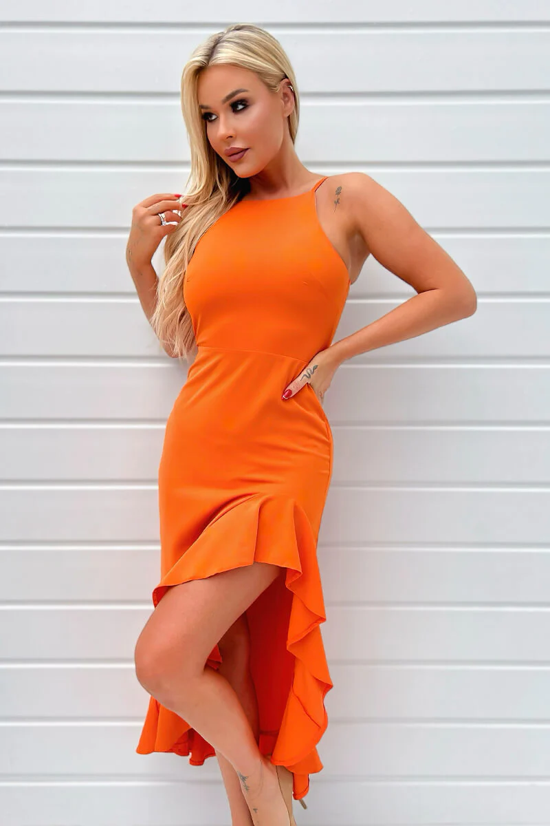 Blood Orange Racer Neck High Low Frill Hem Midi Dress - Image 4